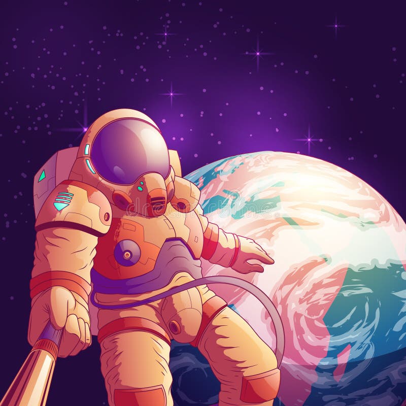 Selfie in outer space cartoon vector illustration with astronaut in futuristic spacesuit making portrait photo with selfie stick on background of planet Earth. Space tourist or exoplanet explorer fun. Selfie in outer space cartoon vector illustration with astronaut in futuristic spacesuit making portrait photo with selfie stick on background of planet Earth. Space tourist or exoplanet explorer fun