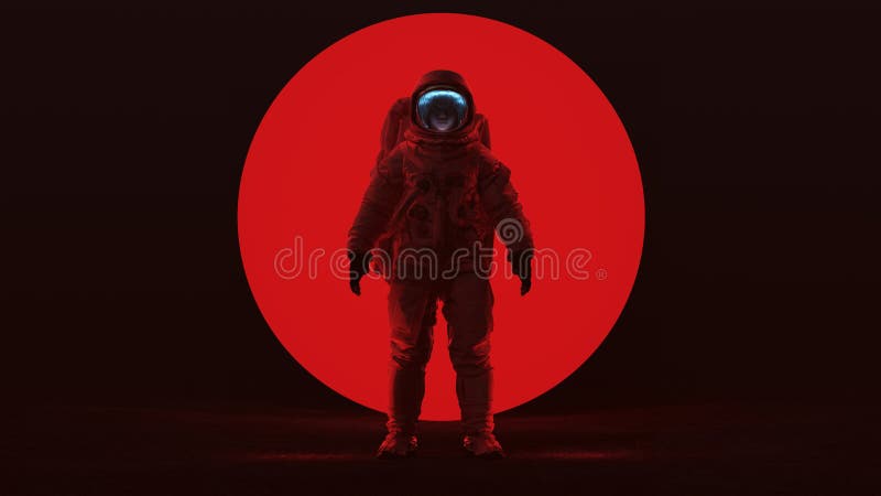 Astronaut in een rood ruimtepak dat in een buitenaardse leegte staat met een heldere visser, worden vrouwen geconfronteerd met een