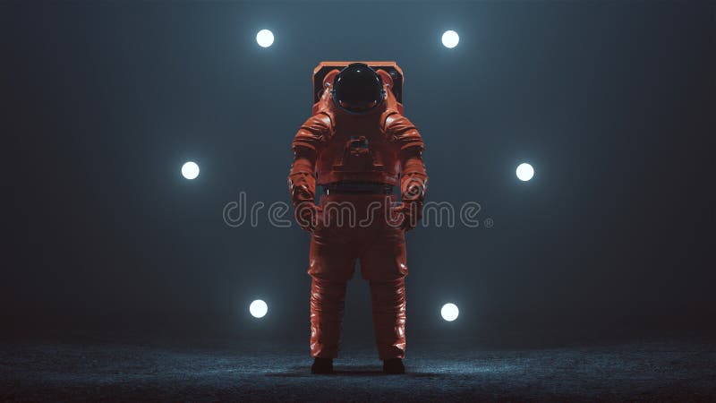 Astronaut in einem Orange Spacesuit der nächsten Generation mit schwarzer Maskenstellung in einer fremden Lücke vektor abbildung