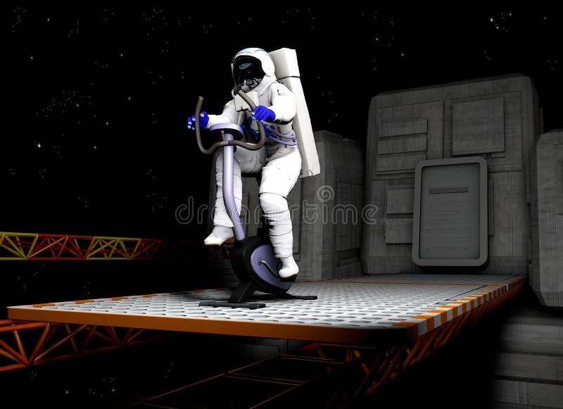 Astronaut on exercise bicycle vector illustration