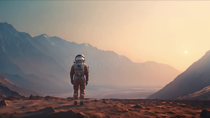 Astronauți explorând o exoplanetă. colonist scifi în costum spațial merge pe suprafața altei planete. persoane în spațiu stock illustration