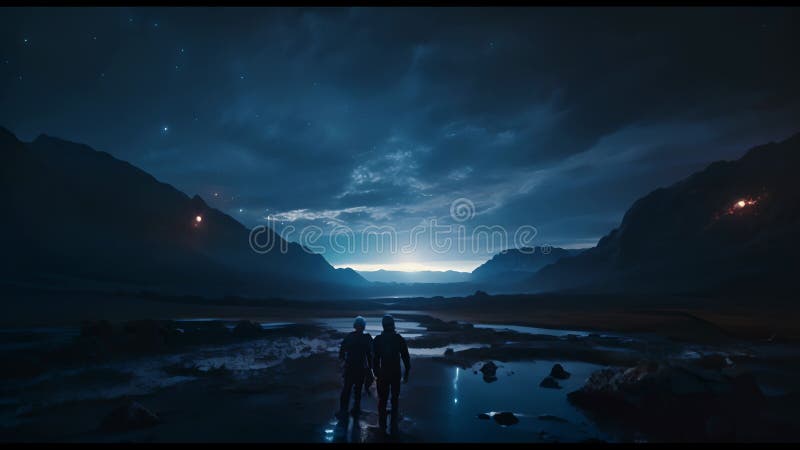Astronauți explorând o exoplanetă. colonist scifi în costum spațial merge pe suprafața altei planete. persoane în spațiu stock illustration