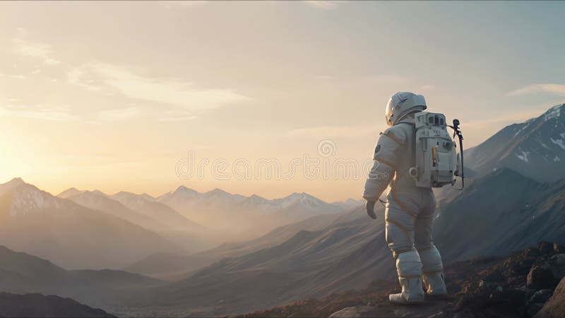 Astronauți explorând o exoplanetă. colonist scifi în costum spațial merge pe suprafața altei planete. persoane în spațiu vector illustration