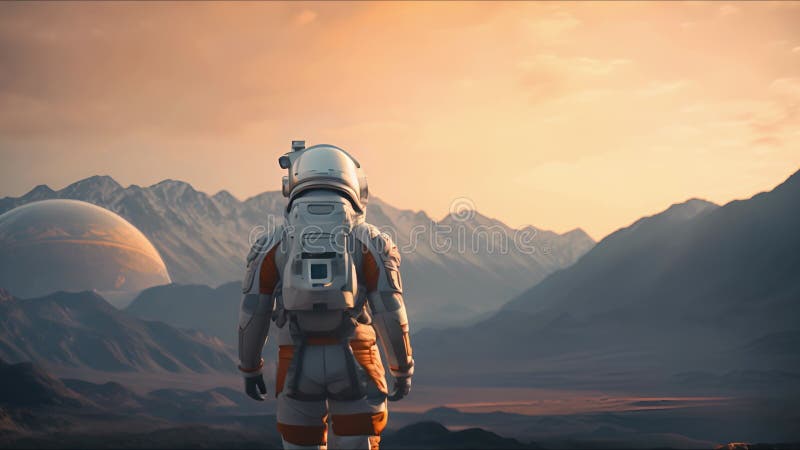 Astronauți explorând o exoplanetă. colonist scifi în costum spațial merge pe suprafața altei planete. persoane în spațiu royalty free illustration