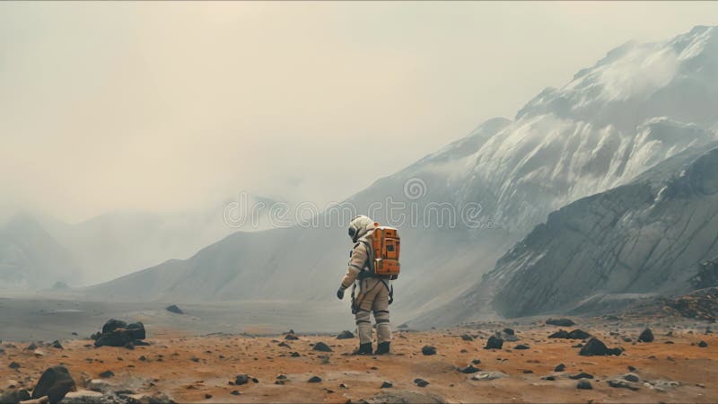 Astronauți explorând o exoplanetă. colonist scifi în costum spațial merge pe suprafața altei planete. persoane în spațiu vector illustration