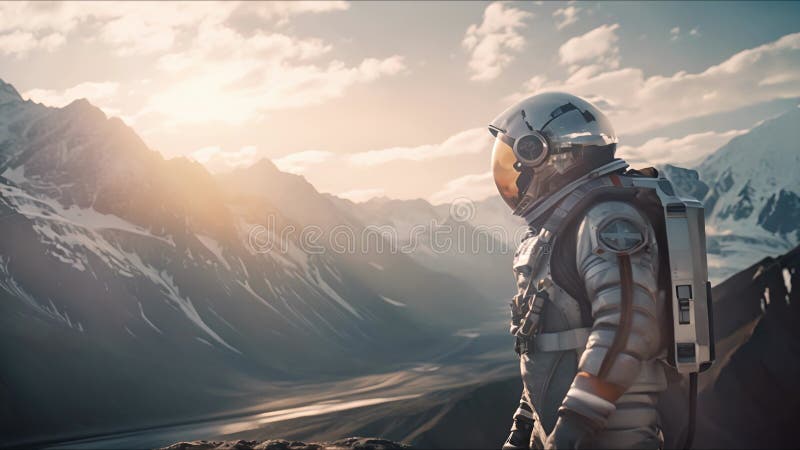 Astronauți explorând o exoplanetă. colonist scifi în costum spațial merge pe suprafața altei planete. persoane în spațiu vector illustration