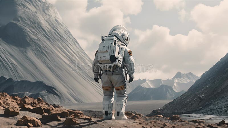 Astronauți explorând o exoplanetă. colonist scifi în costum spațial merge pe suprafața altei planete. persoane în spațiu vector illustration