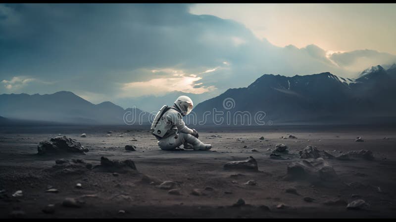 Astronauți explorând o exoplanetă. colonist scifi în costum spațial merge pe suprafața altei planete. oameni în spațiu stock illustration