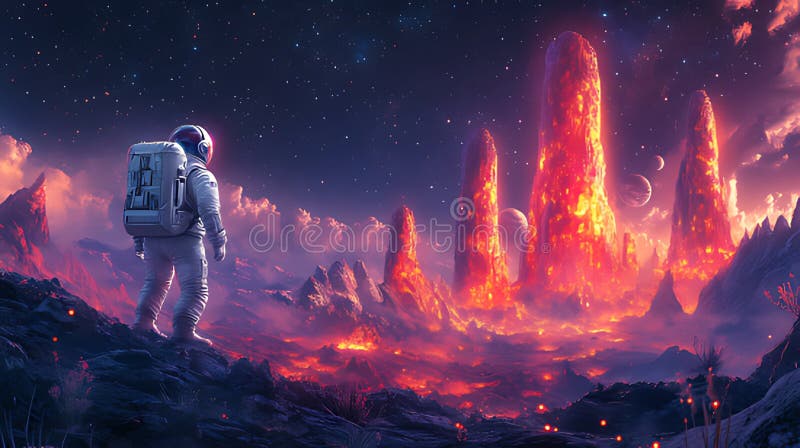 Astronaut exploring volcanic alien landscape at night vector illustration
