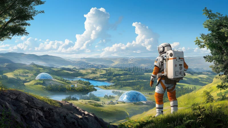 Astronaut explorând peisajul futurist cu domuri cu verdeață luxuriantă și dealuri stock images