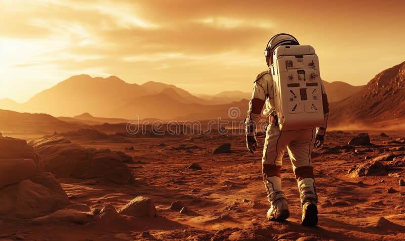 Astronaut explorând peisajul marțian în timpul apusului cu munți în fundal royalty free stock photography