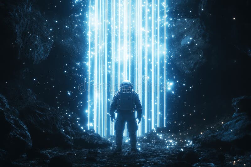 Astronaut explorând peștera cosmică cu fascicule de lumină eterice stock image