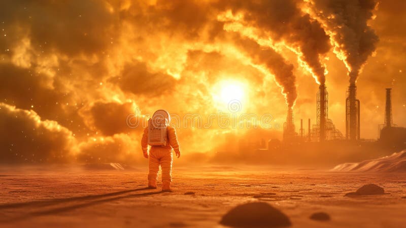Astronaut explorând planeta industrială de foc cu poluare în peisaj îndepărtat royalty free stock photo