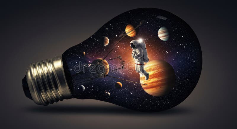Astronaut explorând planete în interiorul becului cu scenă cosmică suprarealistă royalty free stock photos