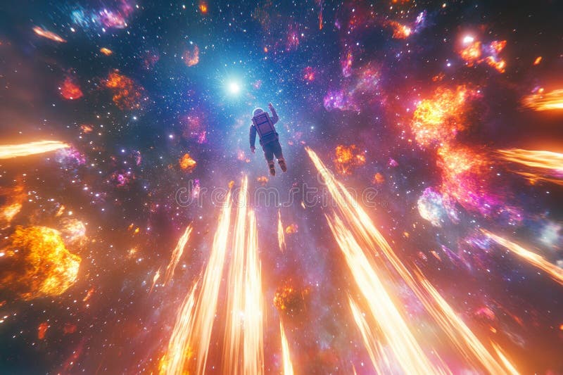 Astronaut explorând scena cosmică incendiară în universul SF vibrant stock photo