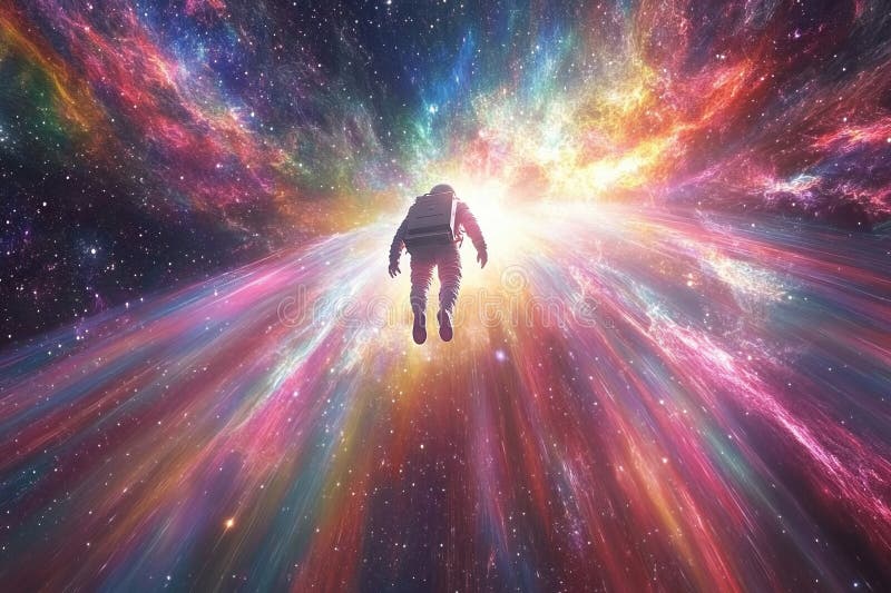 Astronaut explorând scena cosmică plină de viață cu nebuloase vibrante și stele stock photo