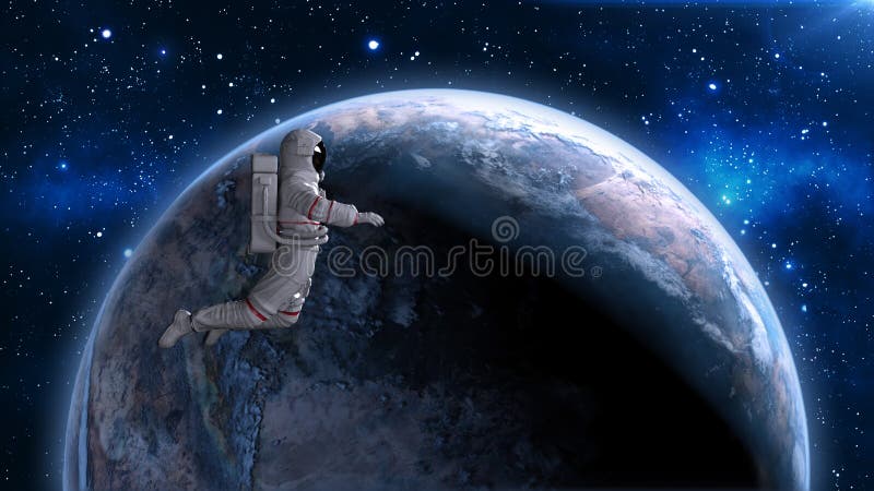 Astronaut floating above planet Earth, cosmonaut drifting in space, 3D render royalty free illustration
