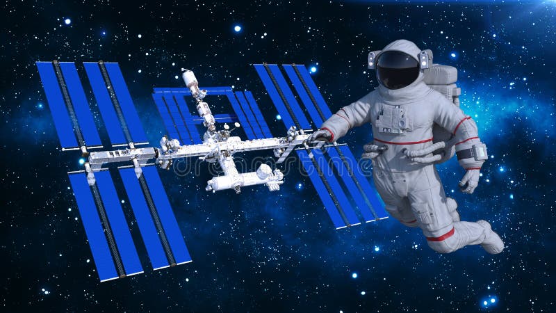 Astronaut floating above space station, cosmonaut in space with spacecraft in the background, 3D render stock illustration