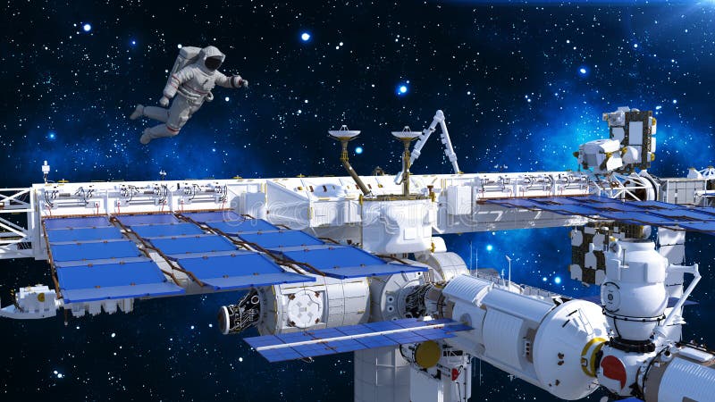 Astronaut floating above space station, cosmonaut in space with spacecraft and stars in the background, 3D render vector illustration
