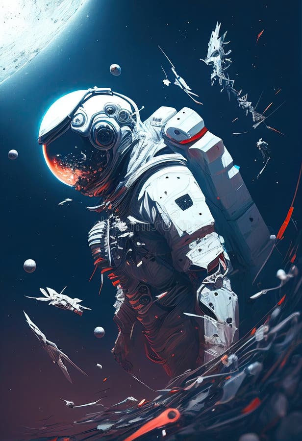 Astronaut floating among asteroids touching an asteroid. Ai generative vector illustration