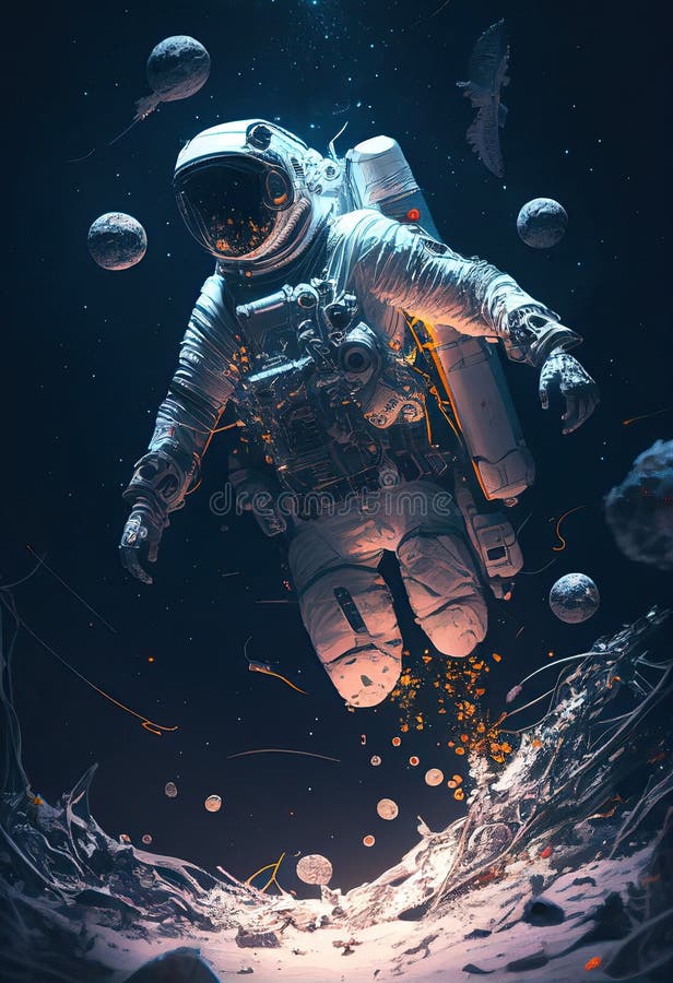 Astronaut floating among asteroids touching an asteroid. Ai generative royalty free illustration