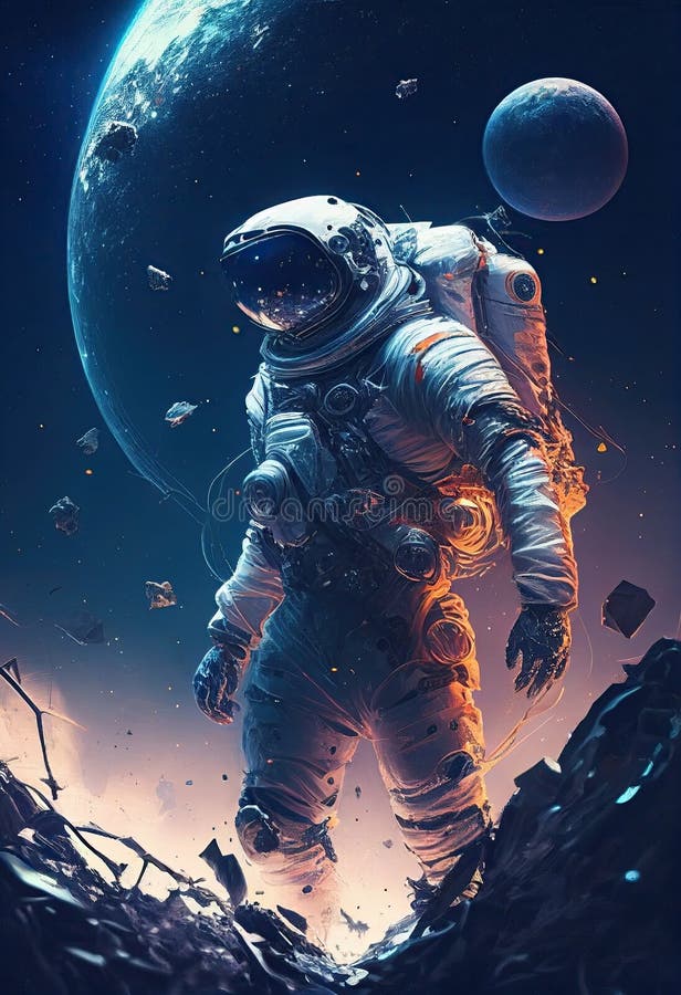 Astronaut floating among asteroids touching an asteroid. Ai generative stock illustration