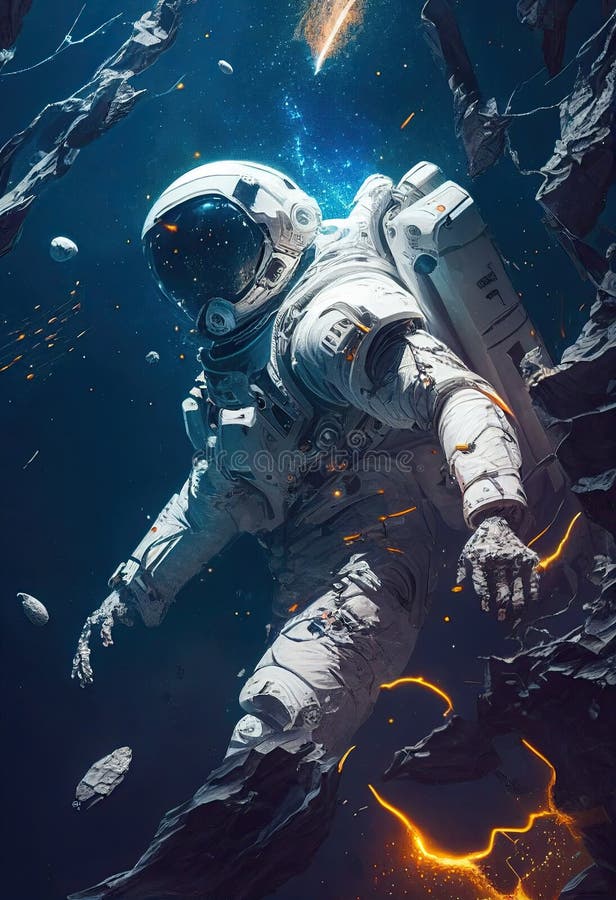 Astronaut floating among asteroids touching an asteroid. Ai generative royalty free stock photo