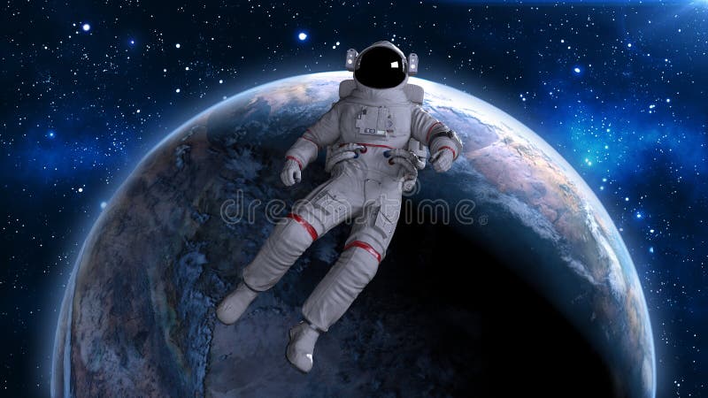 Astronaut floating back above planet Earth, cosmonaut drifting in space, 3D render royalty free illustration