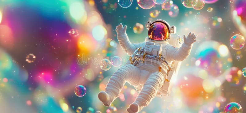 Astronaut floating in colorful bubbles, vibrant cosmic background, surreal space scene, whimsical atmosphere royalty free stock photos