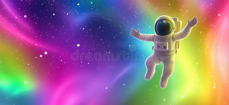 Astronaut floating in colorful cosmic space with vibrant auroras and stars, copy space for text royalty free stock images