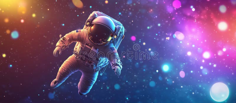 Astronaut floating in colorful cosmic space, vibrant background stock photography