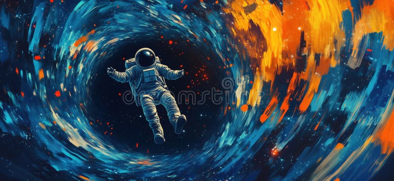 Astronaut floating in colorful cosmic vortex with vibrant swirling patterns. AI generated