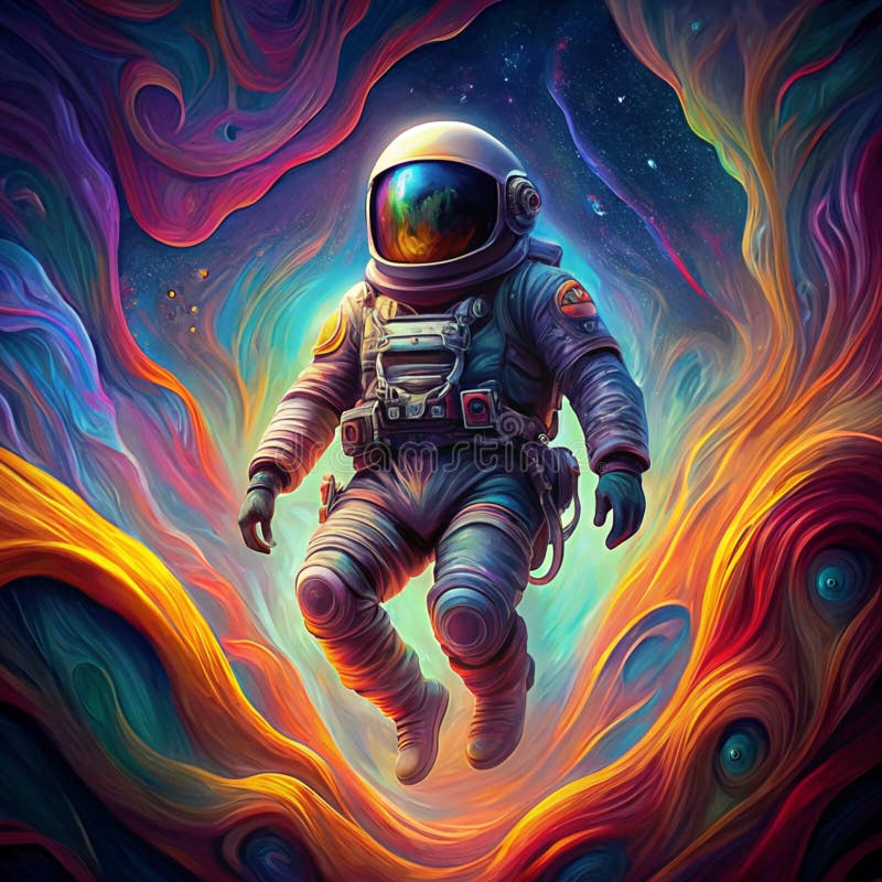 Astronaut Floating in a Colorful Nebula stock illustration