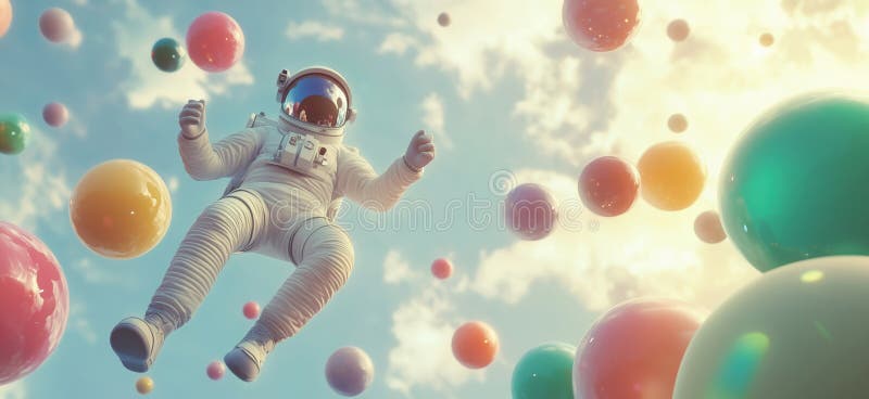 Astronaut floating among colorful spheres in vibrant sky, surreal scene with clouds and sunlight, copy space for text royalty free stock photography