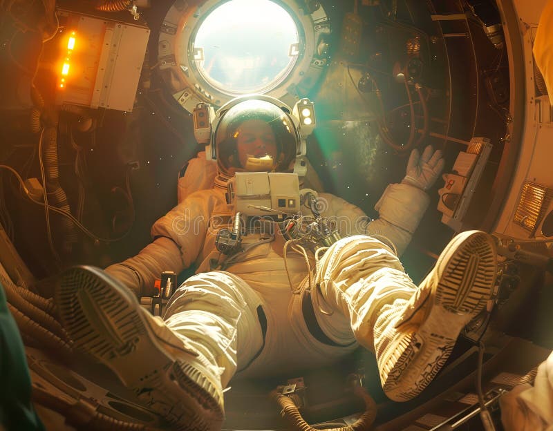 Astronaut floating inside a spacecraft with a view of space through a porthole royalty free illustration