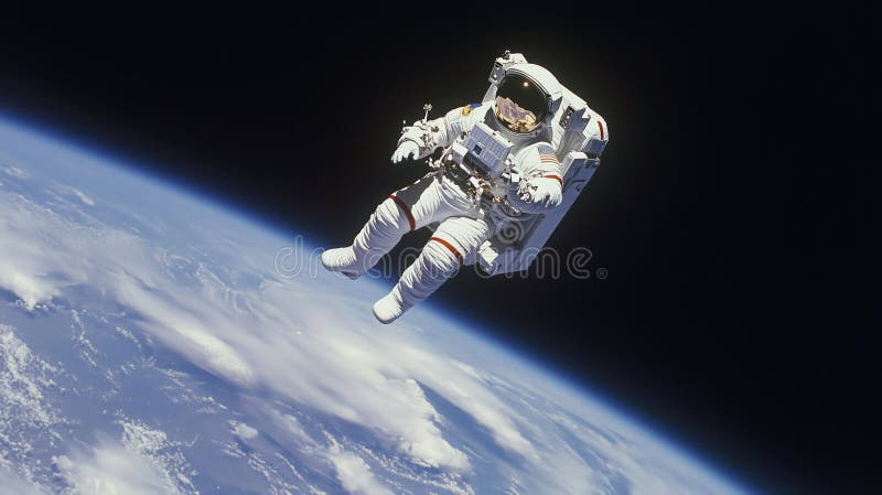 Astronaut floating in space above Earth, showcasing vast universe stock photography