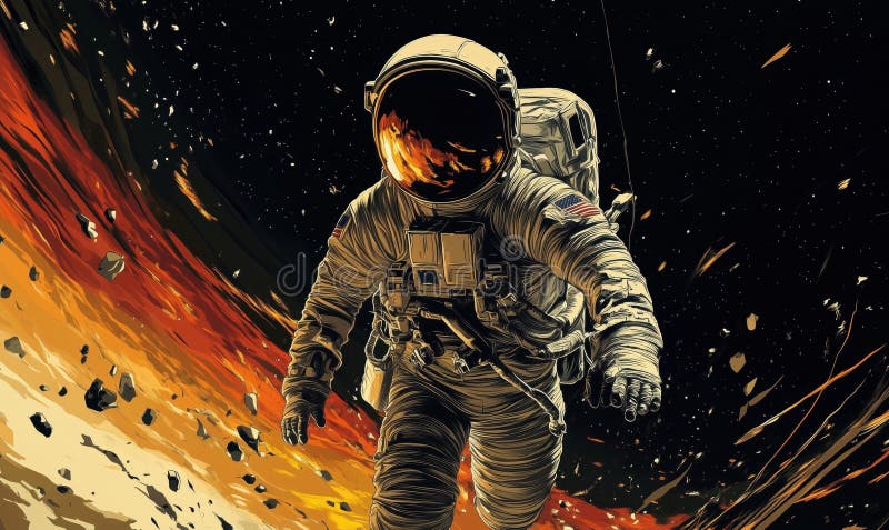 Astronaut floating in space amidst fiery cosmic backdrop, exploring the universe, showcasing the vastness of space and royalty free stock photography