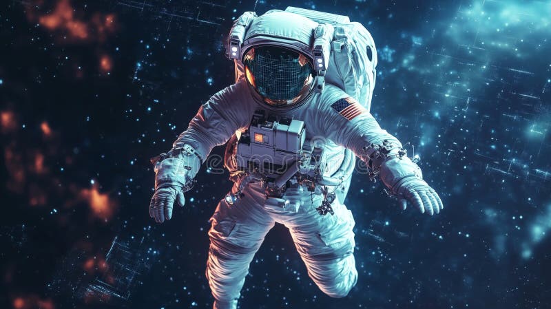 Astronaut floating in space, detailed suit, cosmic background, high-tech equipment stock photography