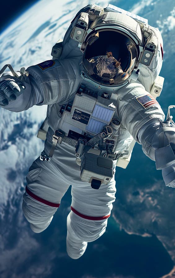 An astronaut floating in space, the Earth globe in the background stock illustration