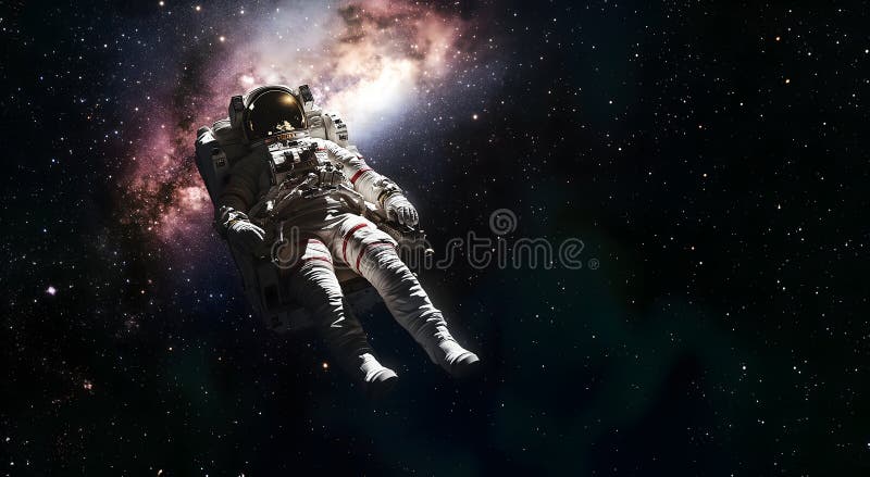 Astronaut floating in space with galaxy backdrop, evoking wonder. ai generative stock illustration