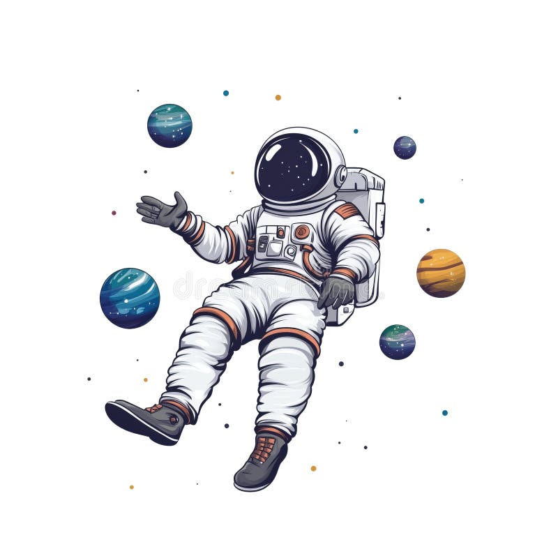 Astronaut floating in space surrounded by planets and stars, isolated on transparent background, png stock photography