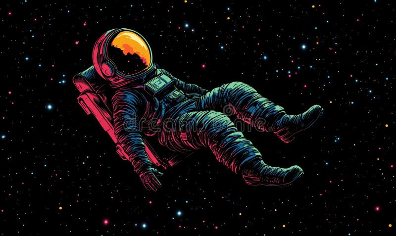 Astronaut floating in space, vibrant colors, cosmic background, detailed suit, reflective helmet, serene atmosphere royalty free stock images