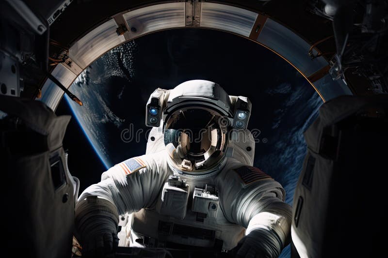 Astronaut, Floating in Zero Gravity Aboard the Space Station, with View