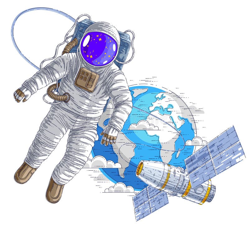 Astronaut in spacesuit floating in weightlessness, spaceman in open space realistic vector illustration isolated over white background. Stock Vector