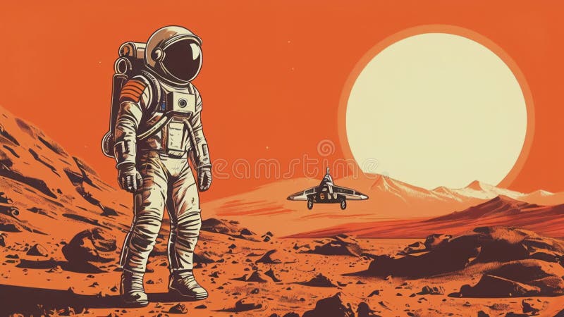 Un astronaut al viitorului se află pe o planetă extraterestră necunoscută. un om într-un costum spațial pe o planetă străină simil stock illustration