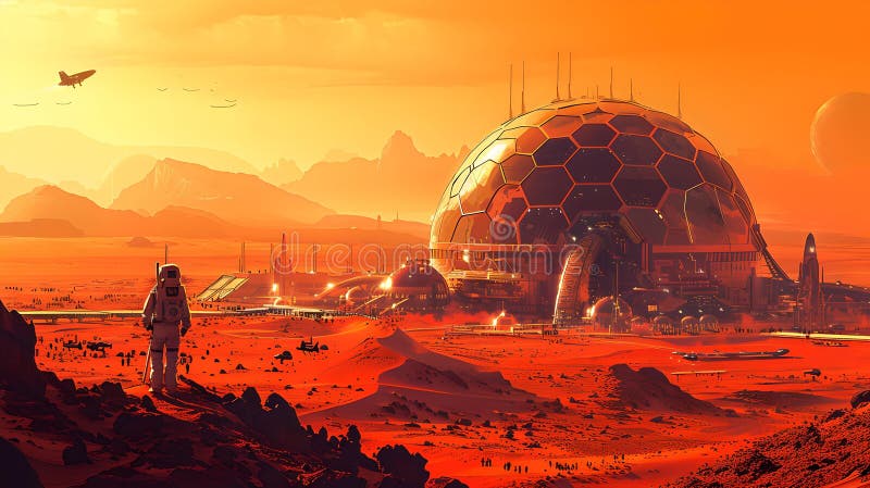 Futuristic mars colony with astronaut and geodesic dome, sci-fi landscape, concept art for space exploration. AI vector illustration