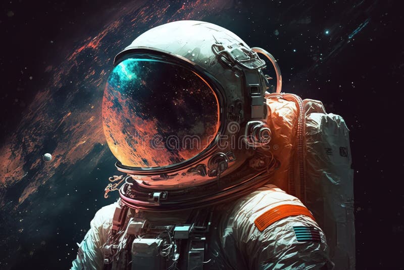 An astronaut in helmet staring out into the infinite void of space. Reflection of space in the astronaut\'s helmet. stock images
