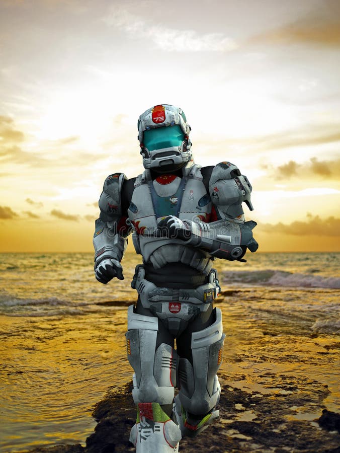 Astronaut hero - runing from the beach stock illustration