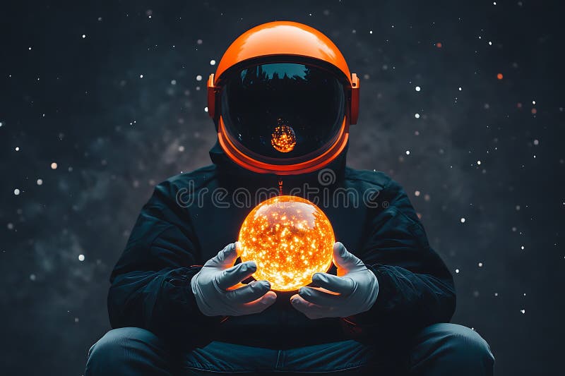 Astronaut Holding Glob Strălucitor în Mâini Lucioase pe fundal cosmic Cască portocalie stock illustration