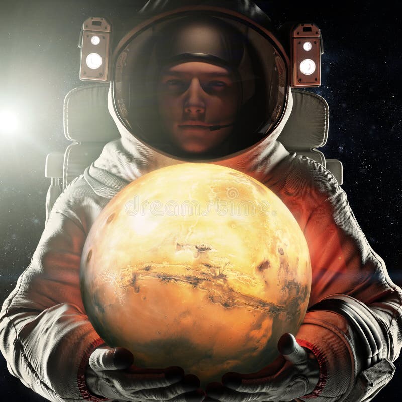 Astronaut holding the red planet of Mars. Exploration and journey to Mars concept. 3d rendering. Elements of this image furnished royalty free illustration